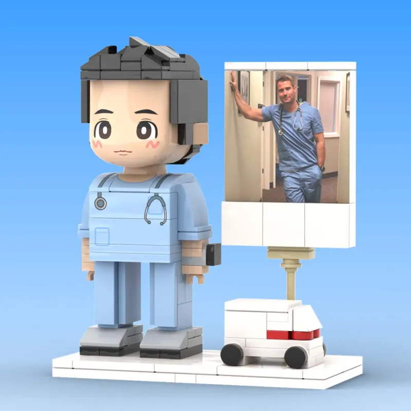 Close-up of printed clothing and torso detail on a personalised doctor full-body brick figure, demonstrating quality of customisation