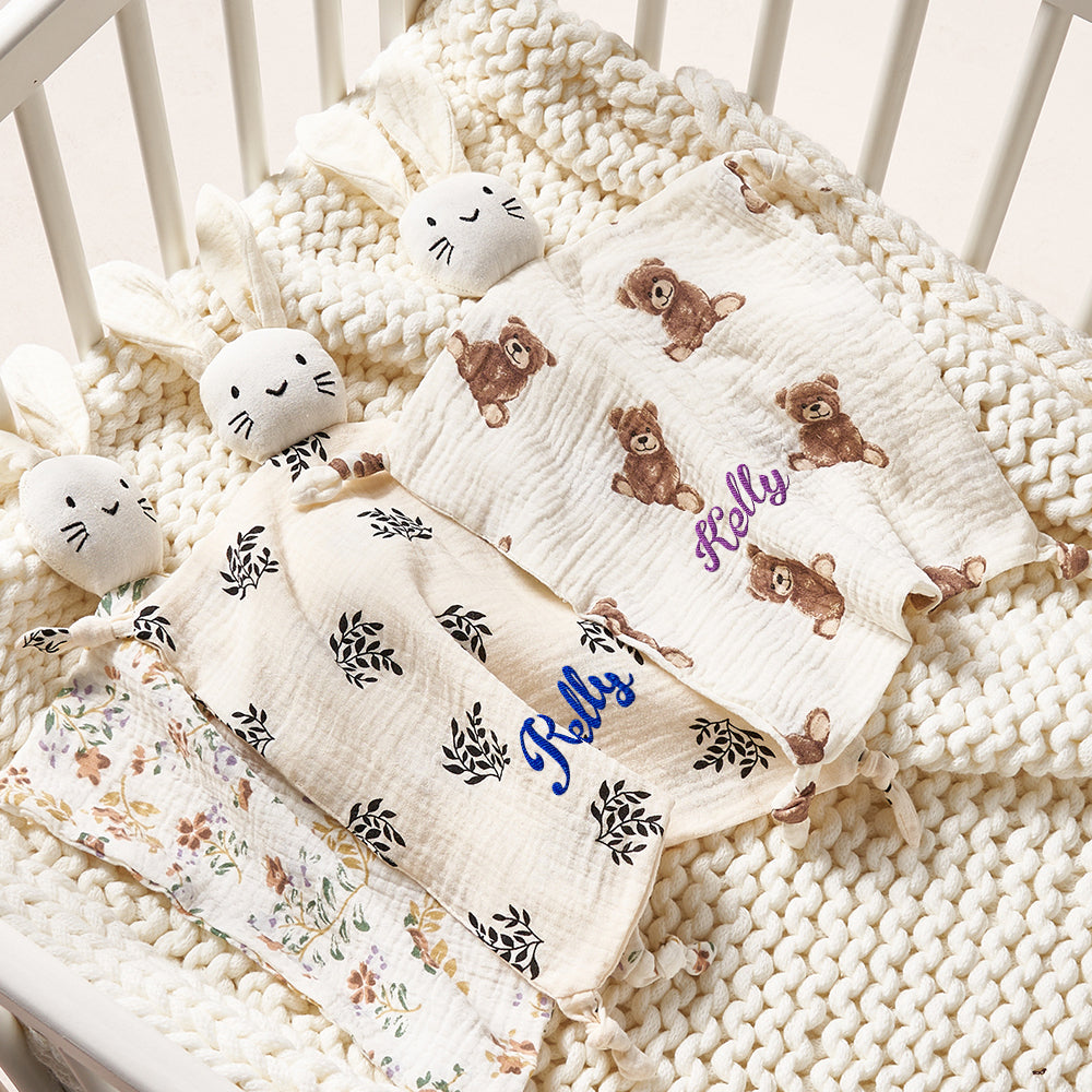 Personalised embroidered baby comforter in 100% soft cotton with name embroidery, 30cm square
