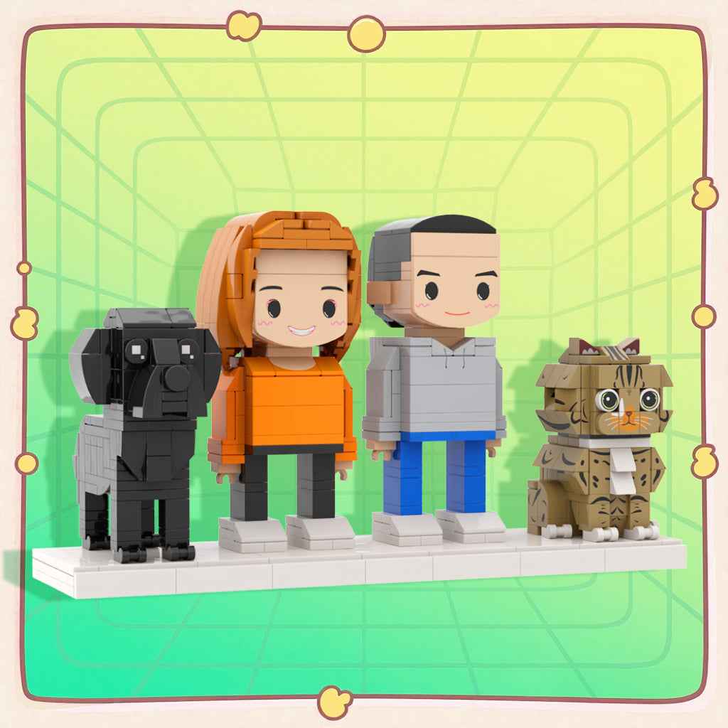 Custom Full-Body Cute Brick Figures of 2 People, Cat & Dog Personalized Anniversary Gift Birthday Gift