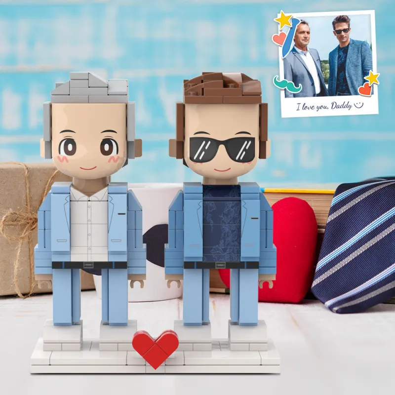 Full‑body personalised two‑person Duddu brick figures — grey‑haired ‘Old Daddy & Me’ pair on plain background, custom brick figures ideal Father’s Day keepsake