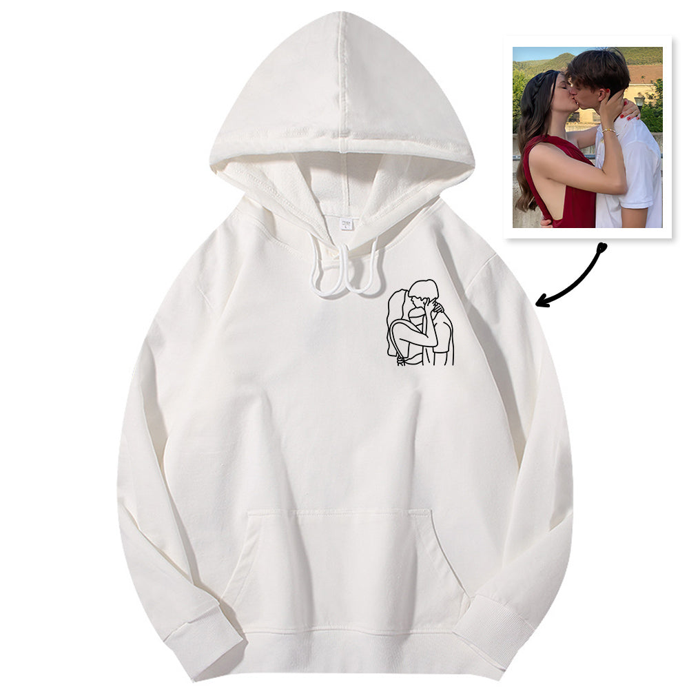 Front view of personalised embroidered hoodie with custom photo and text on mid-weight 250g cotton-spandex and cosy brushed inner lining