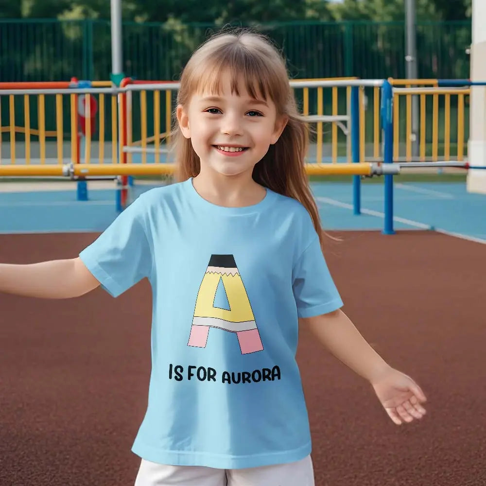 Back view of personalised tee showing clean cut and fit — practical and stylish first day of school gift for children