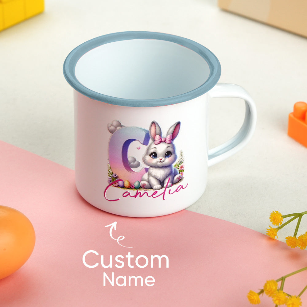 Row of personalised bunny enamel mugs with custom names and gradient initials — ideal personalised Easter gifts for kids