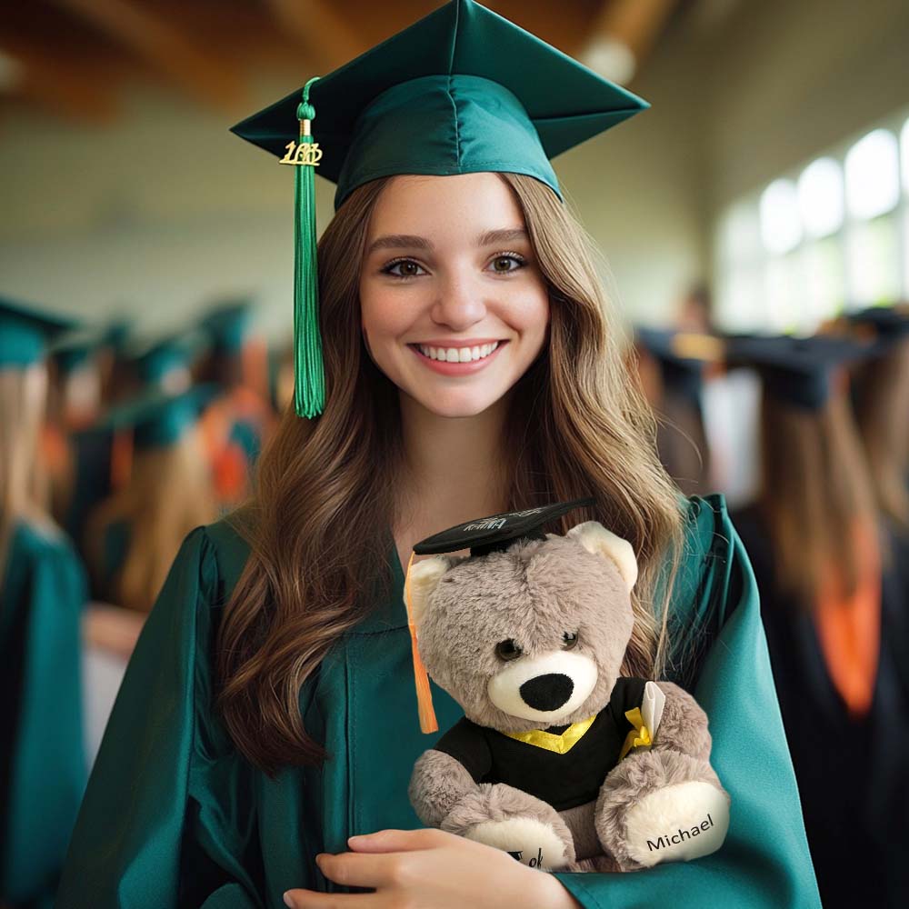 Angled view of soft plush personalised graduation bear (25cm high) highlighting cuddly texture — a compact, display‑friendly graduation keepsake