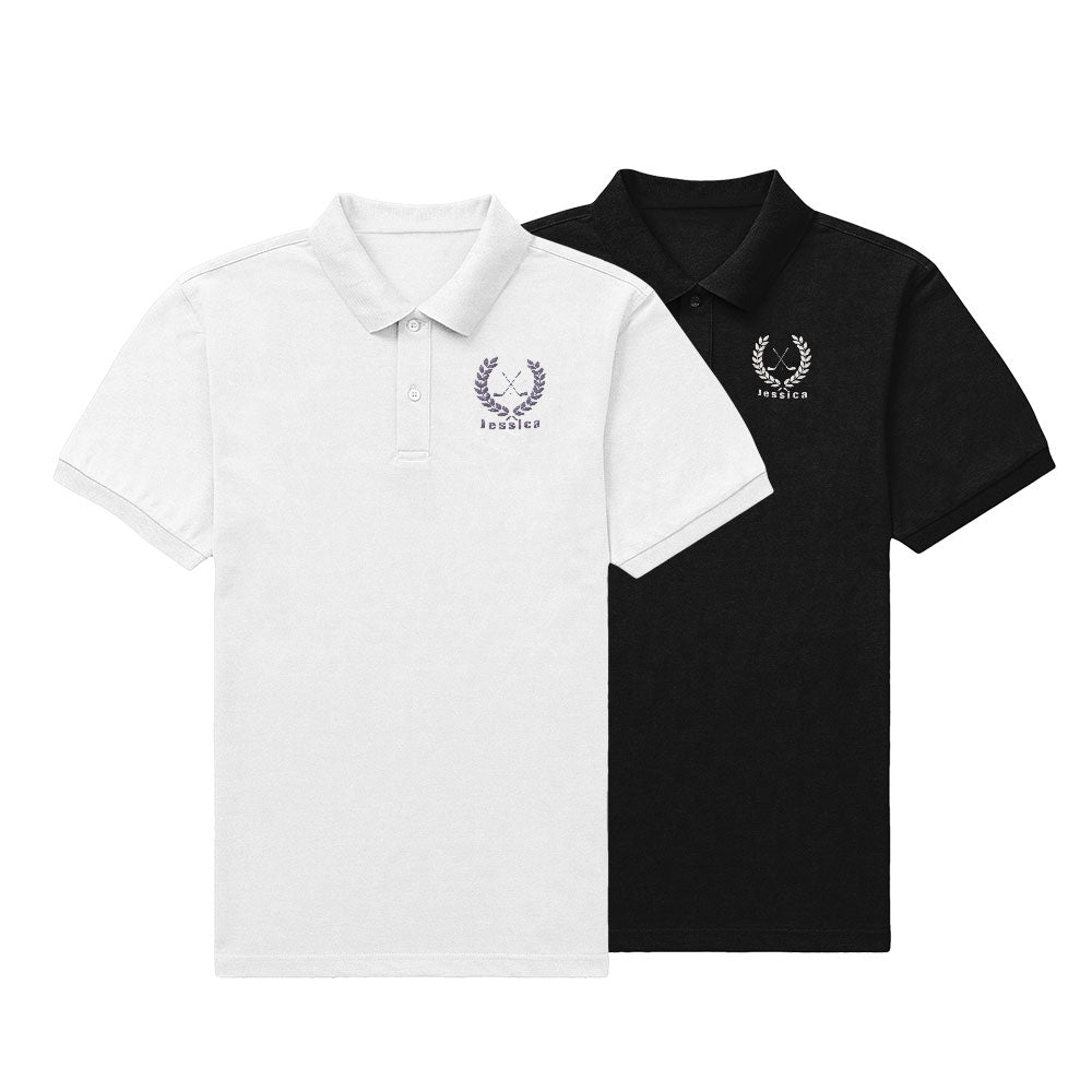 Men's Short Sleeve Custom Name Polo in white worn on the golf course – personalised embroidered lapel polo ideal for golf, tennis or casual wear