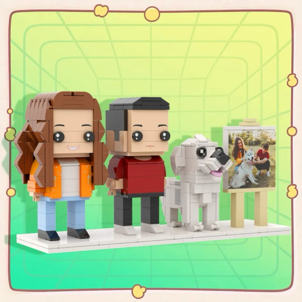 Framed personalised full-body brick-figure portrait of two people and a cute dog – handmade eco-friendly ABS keepsake for anniversaries and birthdays