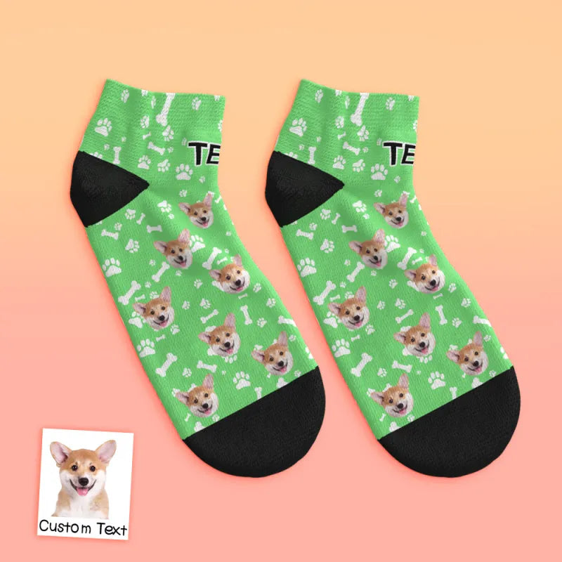 Detail of printed dog face on low-cut socks — clear custom photo print, long-lasting colours