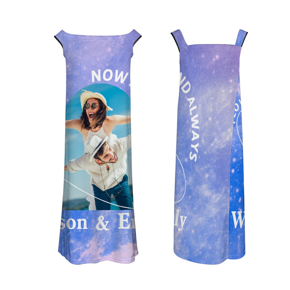 Model wearing personalised bath towel dress as a modest beach cover-up and at-home spa robe, demonstrating secure fit and available sizes S, M, L