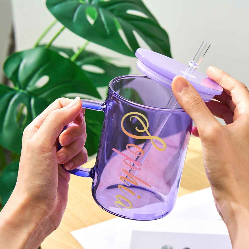 Personalized 15oz Glass Cup with Name Straw and Lid Birthday Gift for Her