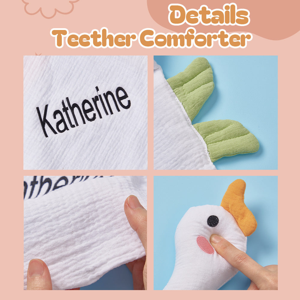 Styled image of personalised swan comforter presented as a gift — embroidered baby comforter idea for baby showers and christenings