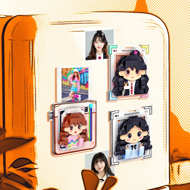 Custom brick figure acrylic board with detachable building blocks for simple self-assembly — personalised fridge magnet photo sticker
