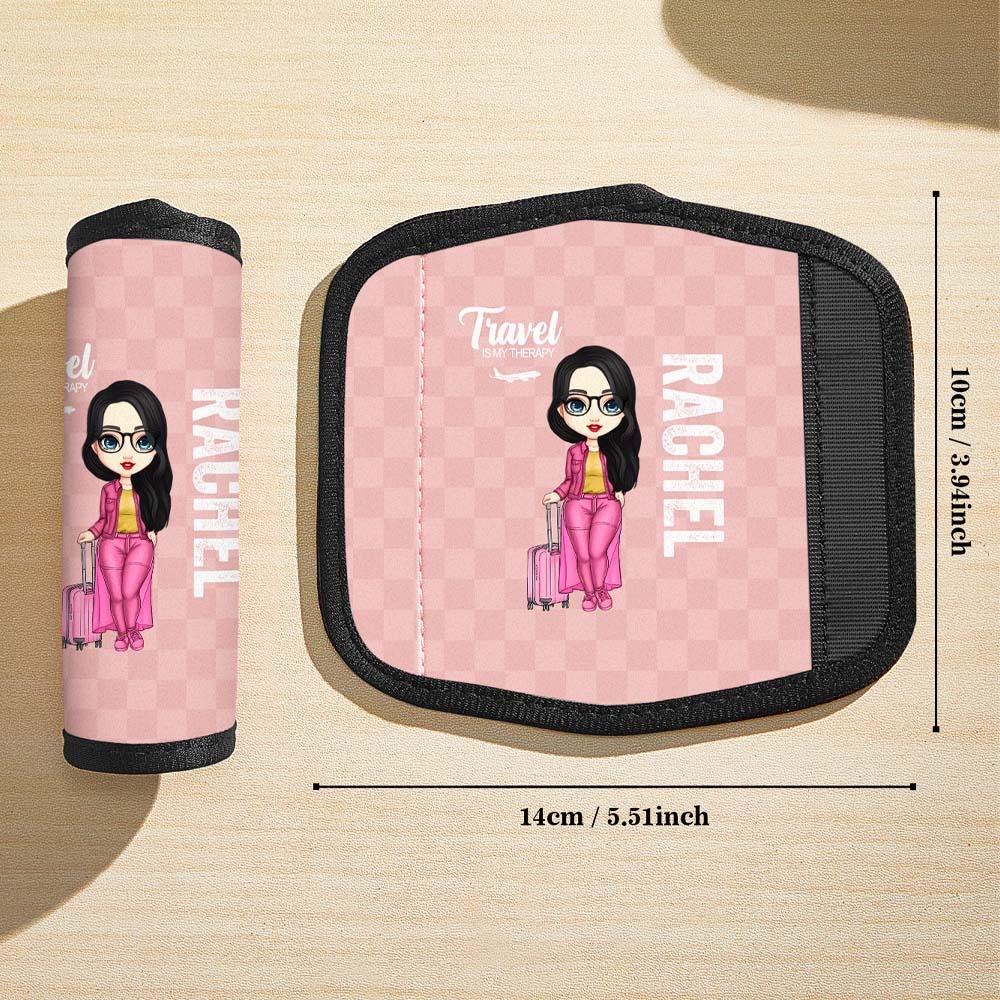 Personalised cartoon handle wrap fitted on a carry handle — comfortable grip and easy to attach travel ID for suitcases