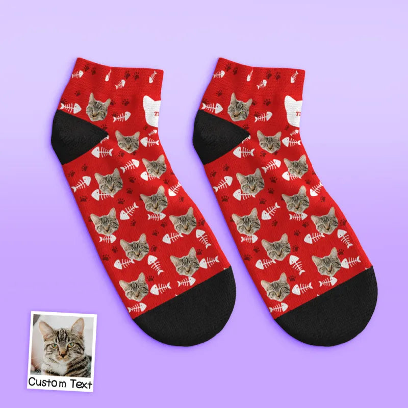 Pair of personalised low-cut ankle socks with custom cat photo unique graduation or Valentine's Day gift