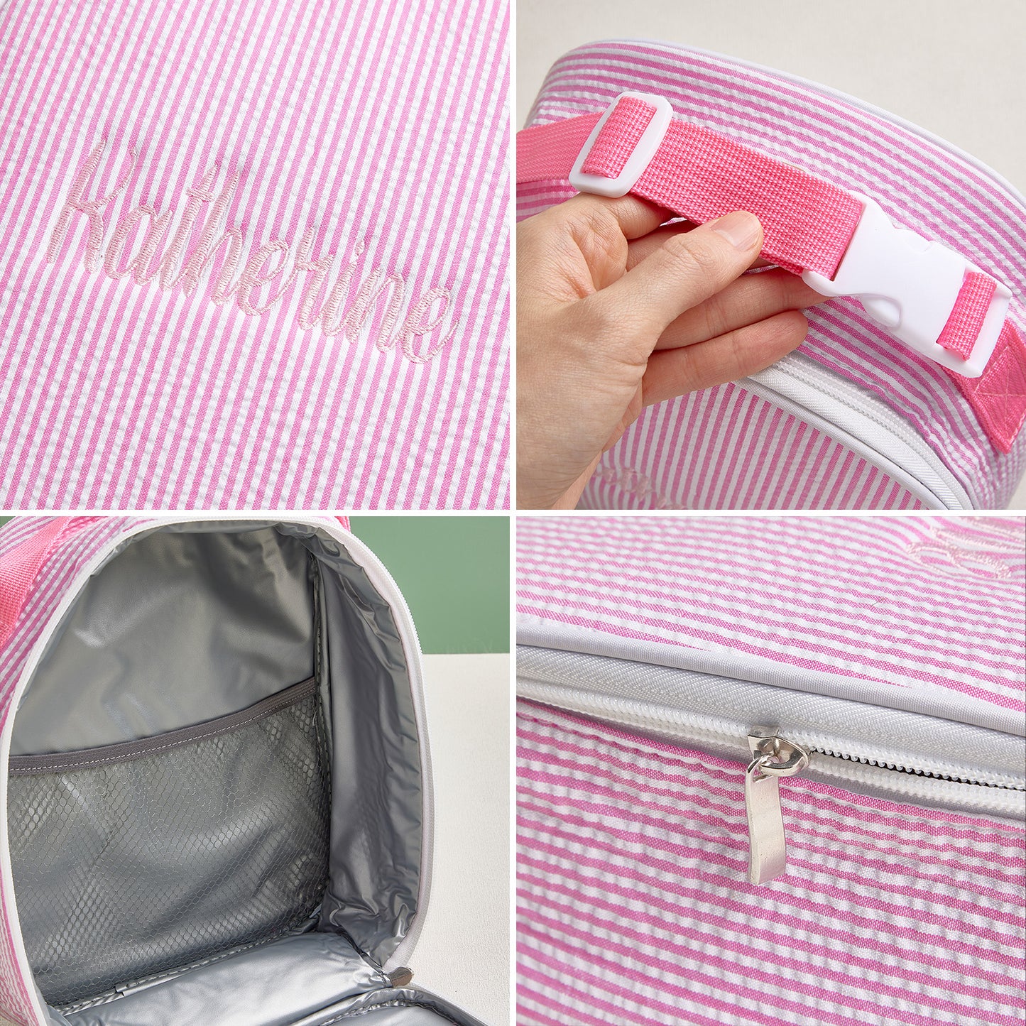 Top view showing zippered closure and sturdy handle on personalised seersucker lunch bag for easy carrying to school