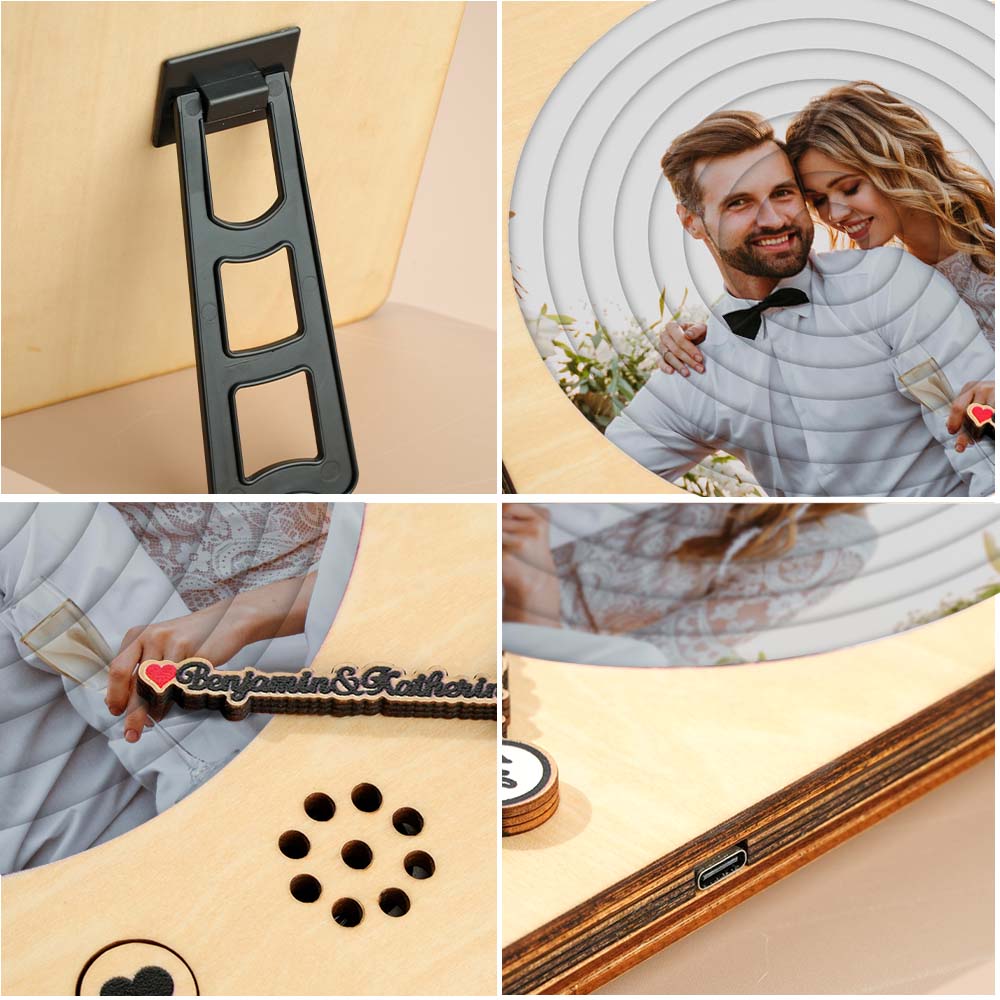 Lifestyle shot of personalised wooden record player as a romantic anniversary keepsake for couples