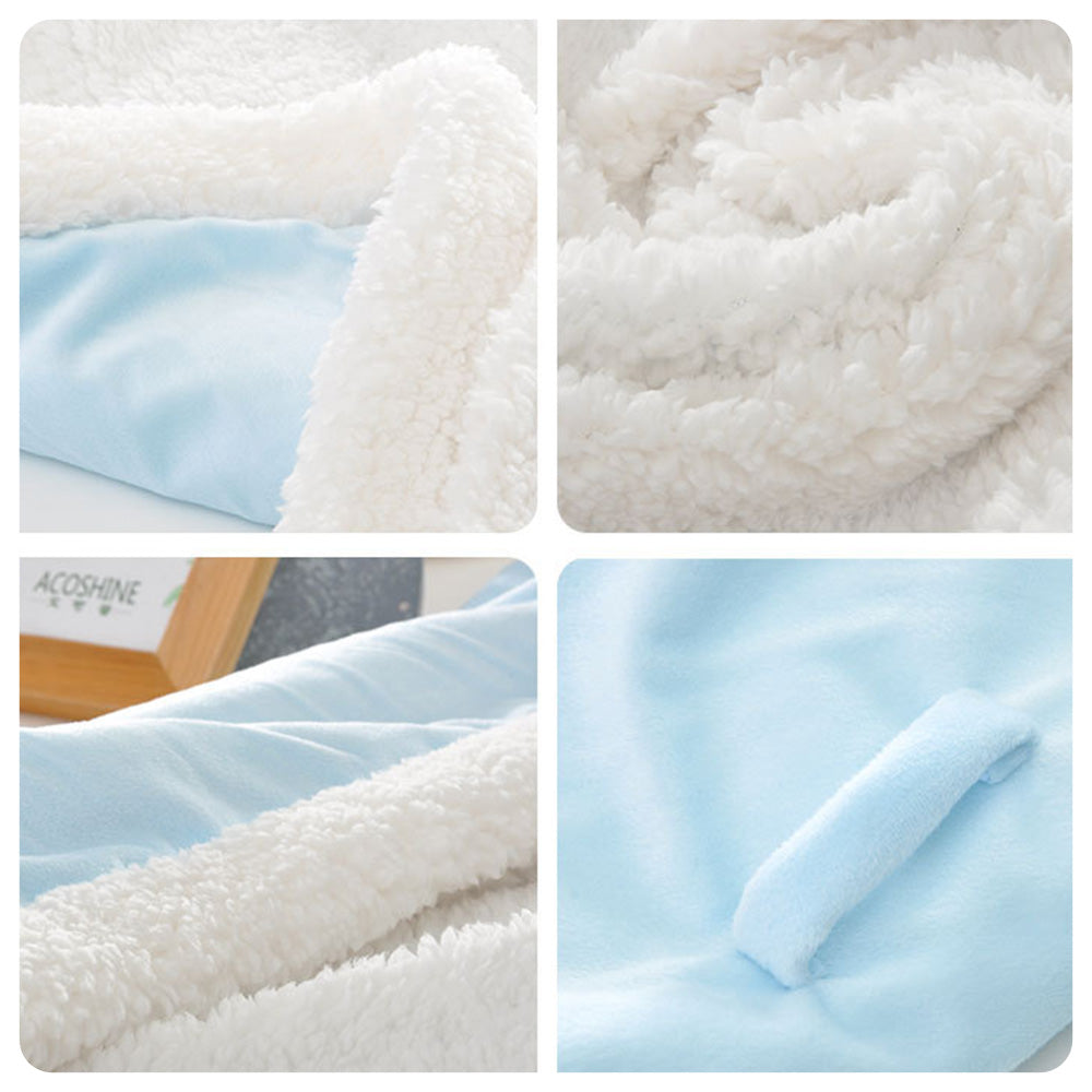 Stitching and edge detail of personalised baby blanket — close-up of embroidered lettering on a soft polyester keepsake baby swaddle