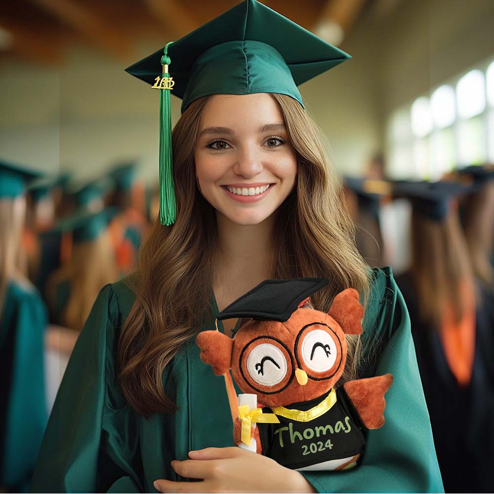 Rear and angled view showing name and date placement on personalised owl – thoughtful graduation present for mentors