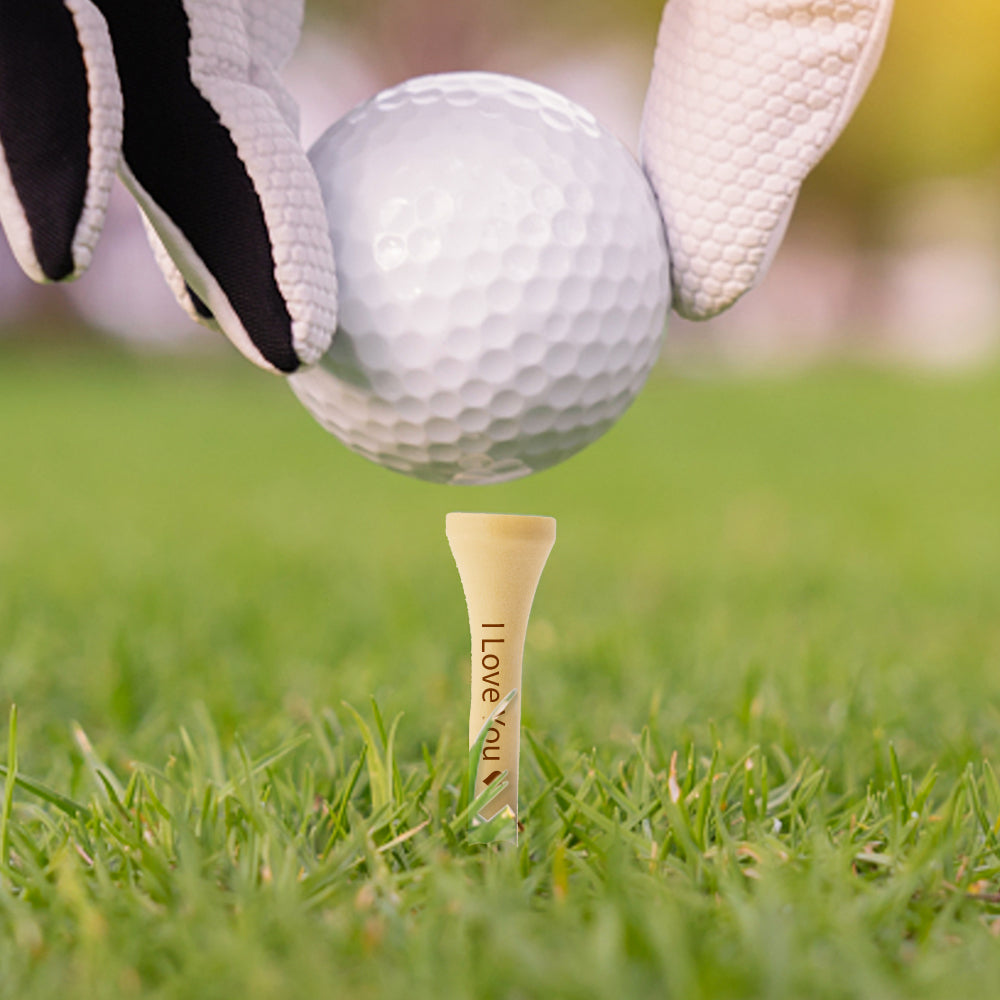 Personalised engraved bamboo golf tees set in assorted designs - choice of 5 or 10 pieces with custom text for practice, coaching and events