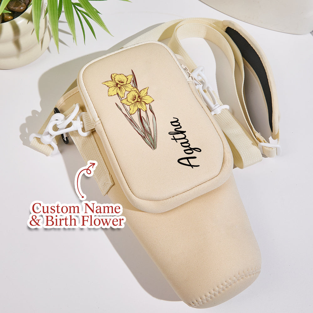 Close‑up of personalised birth flower print on neoprene bottle carrier showcasing custom floral detail, ideal personalised gift for women