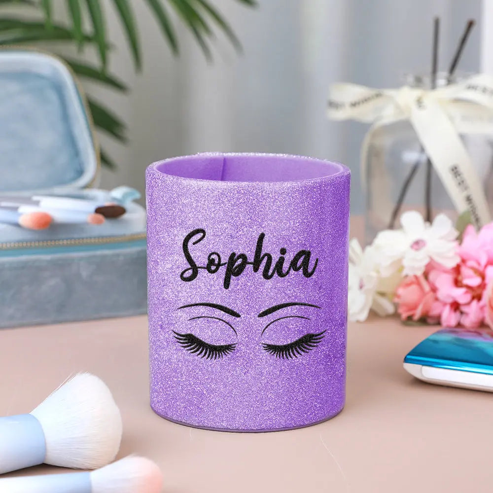 Open view of personalised brush cup showing sturdy leather construction and neat finish, a compact organiser for makeup brushes at home or on the go
