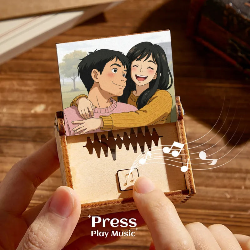Close-up of engraved text option on the personalised anime photo music box lid — add a name, date or short message for weddings or Mother's Day.