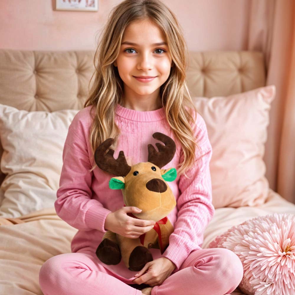 Side view of personalised moose stuffed animal highlighting plush fabric and PP cotton filling – cosy baby shower and birthday gift for children