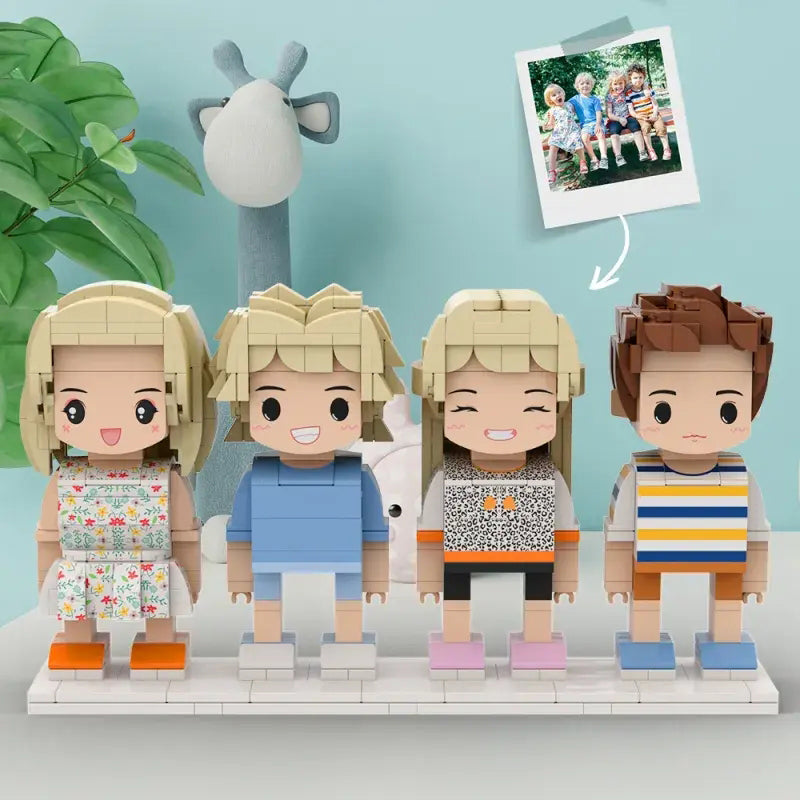 Staged keepsake scene with personalised full‑body brick figures on display — a unique wedding or anniversary small particle block gift