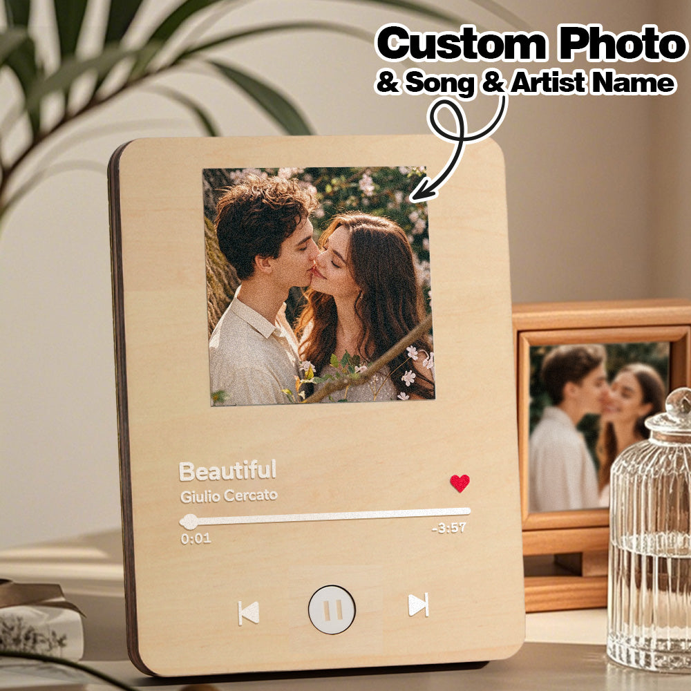 Detailed shot of custom photo print quality on the record face — premium personalised photo music player