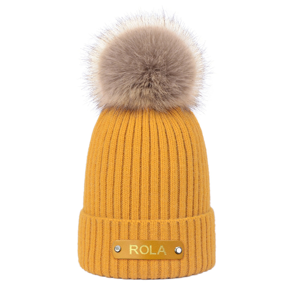 Personalised Name Beanie with Leather Patch — Newborn & Kids Winter Hat