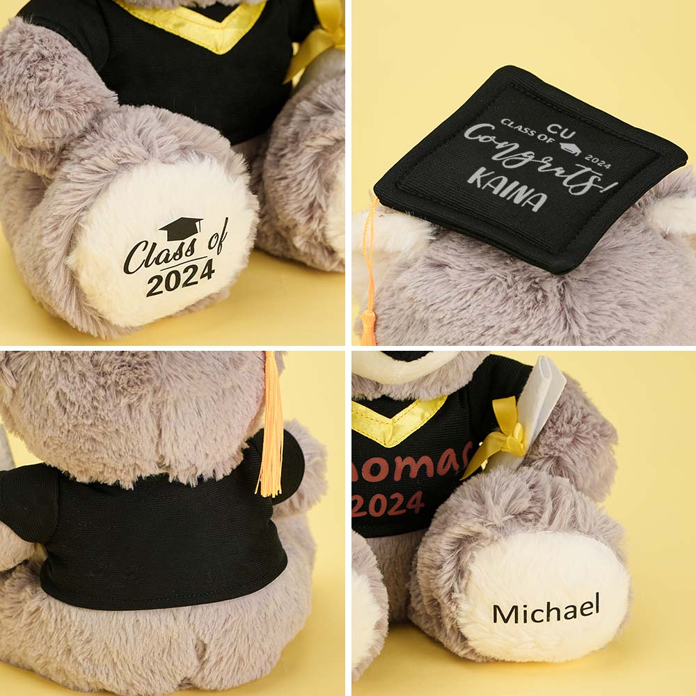 Scale photo of personalised graduation teddy held in hand to show size (25 x 22 cm) — perfect for gift hampers, memory boxes and graduation photos