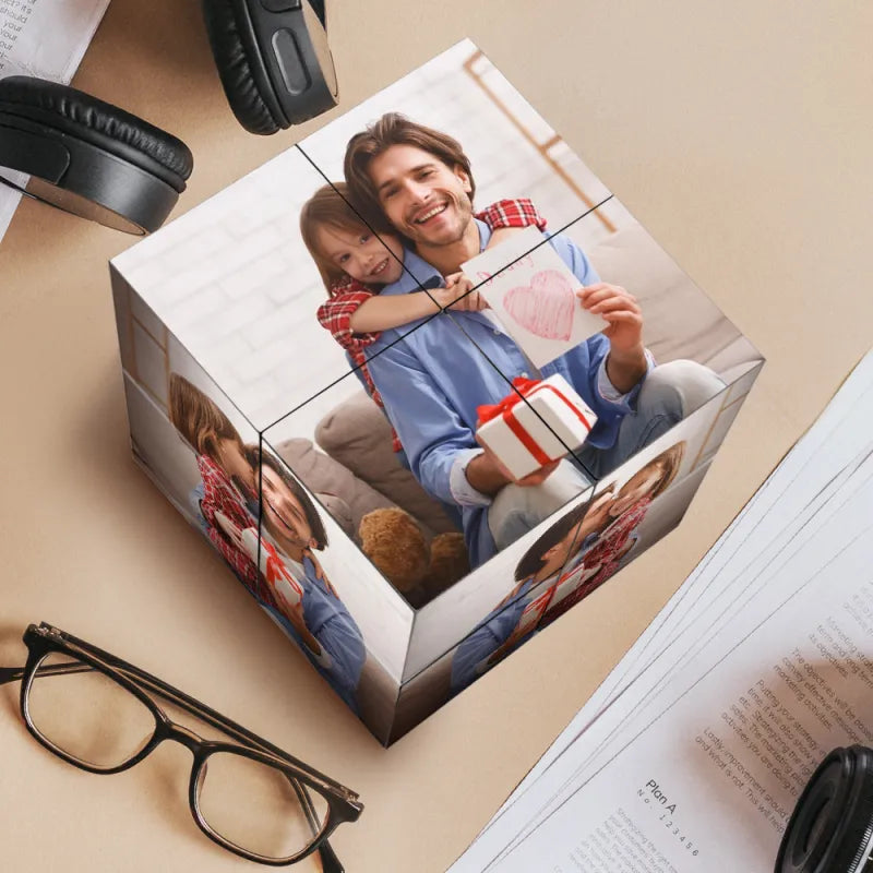 Infinity folding photo cube partially unfolded to show multiple printed panels — custom photo cube perfect as a Gifts for Dad idea