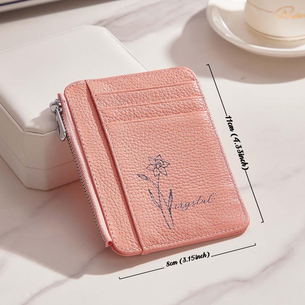 Close-up detail of zip and stitching on PU leather personalised birth flower wallet emphasising durable finish