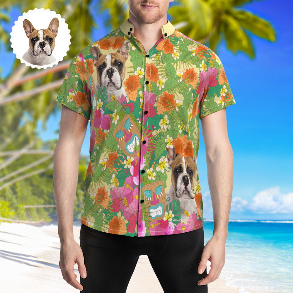 Personalised pet-face Hawaiian shirt, custom floral beach shirt with pet photo printed on short-sleeve button-up in vibrant heat-transfer colours