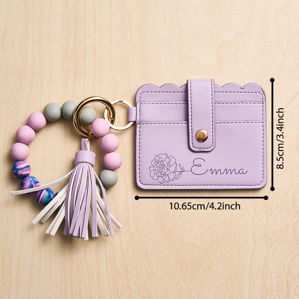 Rear view of slim PU leather birth flower wallet, low-profile design ideal as a purse insert or small clutch companion