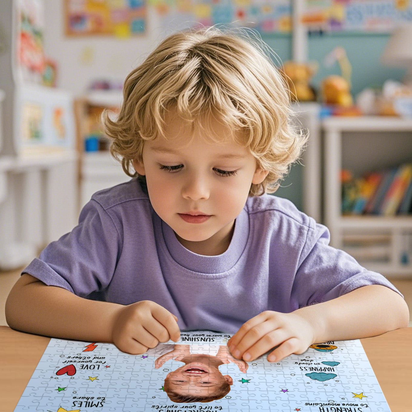Close-up of paper puzzle pieces from a personalised photo jigsaw puzzle with prayer-themed design, highlighting texture and print finish