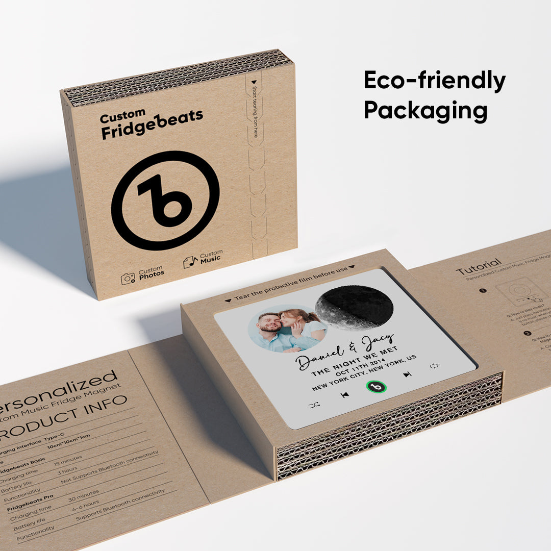 Gift packaging for FridgeBeats Frameless 4.0 personalised music fridge magnet, presented as a ready‑to‑give custom song gift for anniversaries