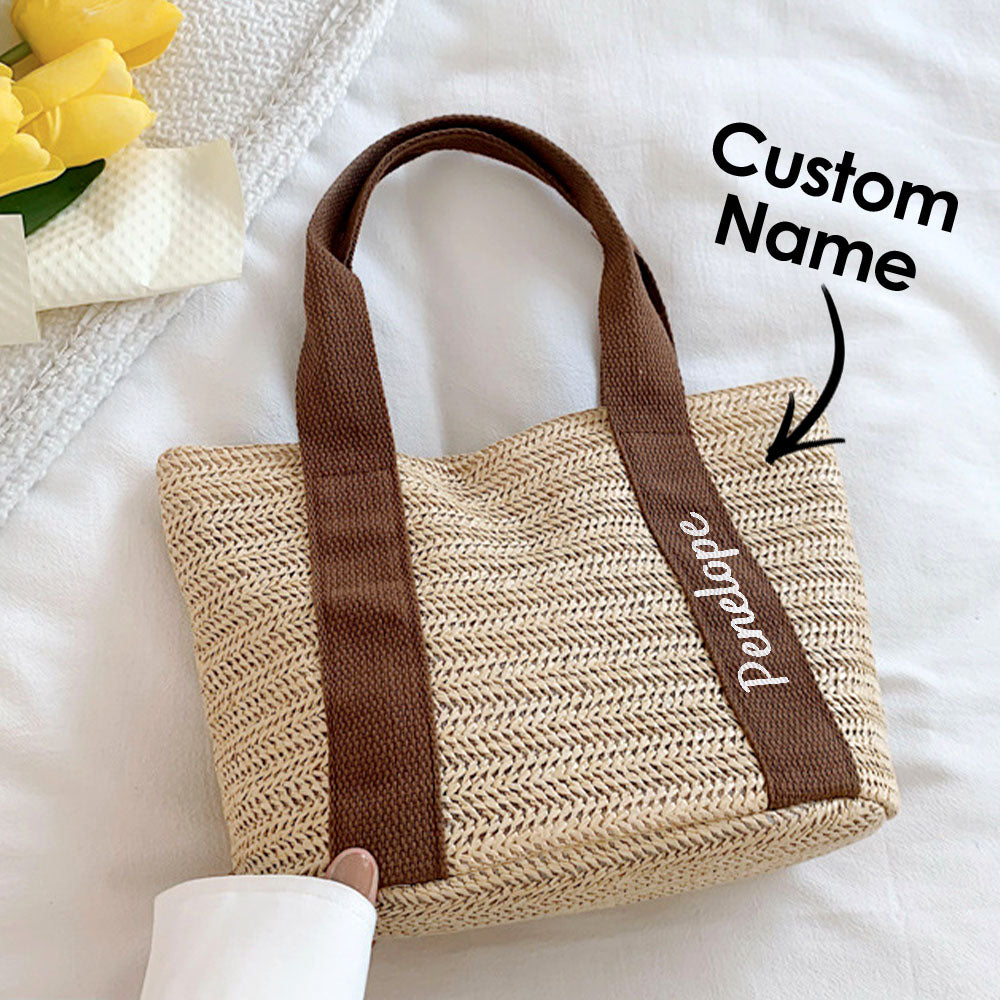 Personalisation examples on beach straw tote featuring names and initials — bespoke bridal shower keepsake bag