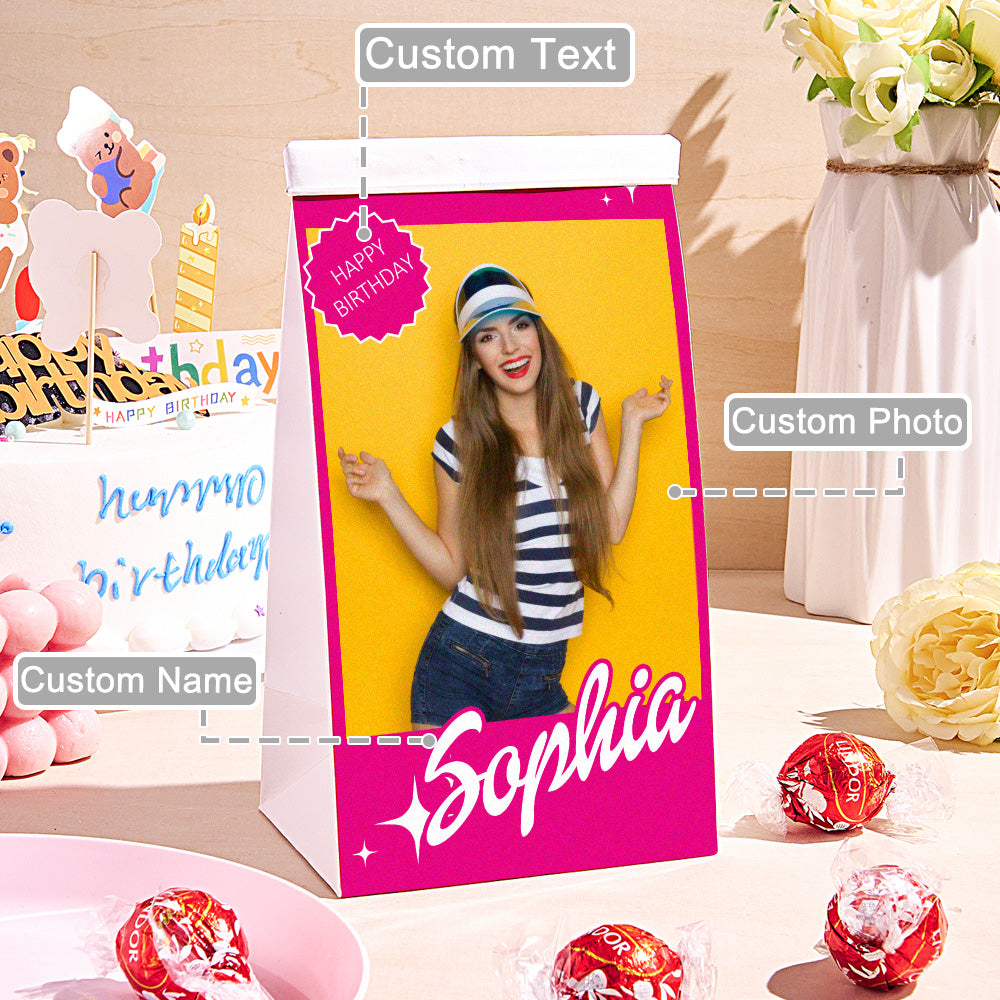 Girls personalised treat bag with child's photo and name on the front – birthday party favour gift in food-grade kraft paper