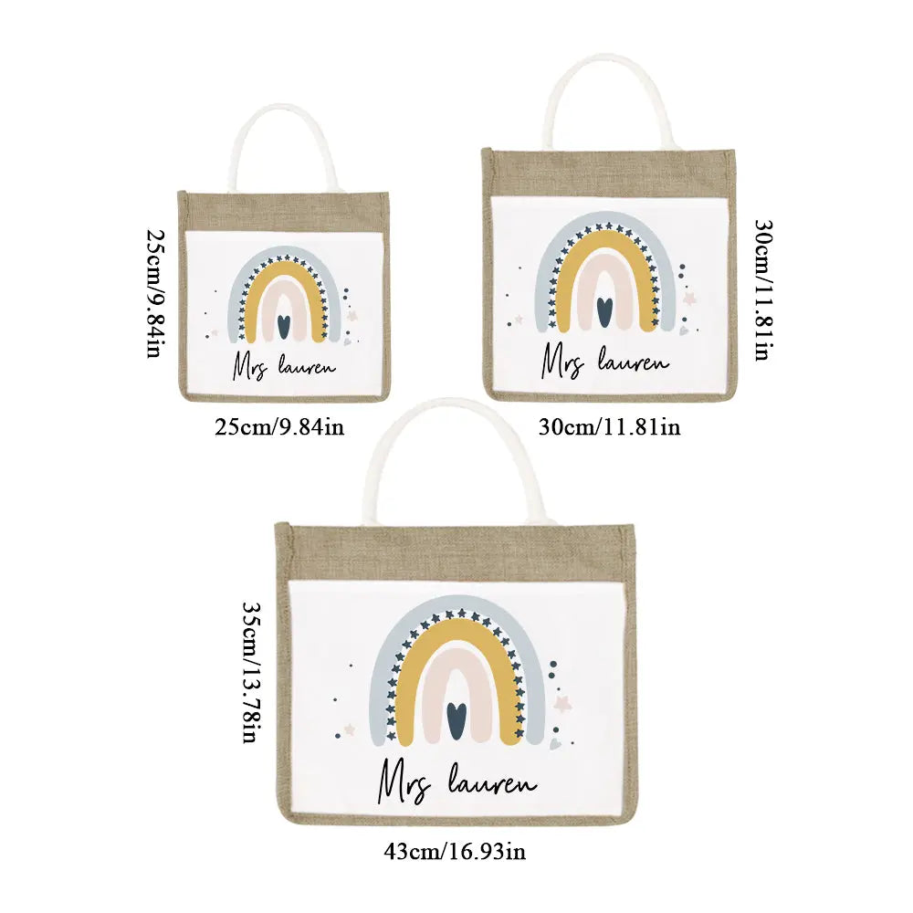 Close-up of personalised teacher tote showing jute-style polyester sackcloth texture, durable handles and custom name