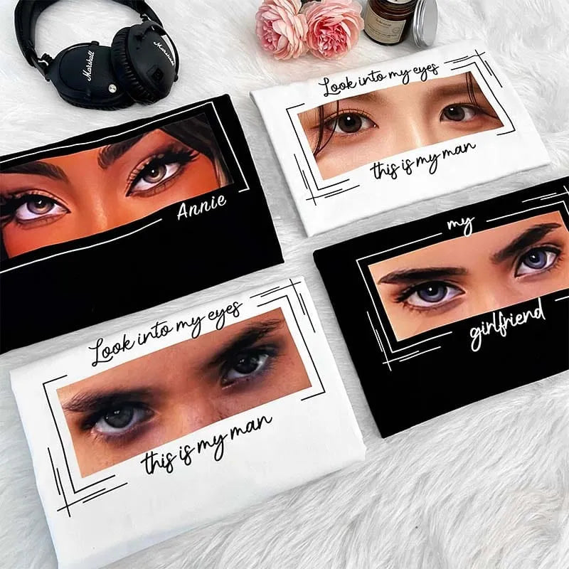 Couple wearing matching personalised eyes tees, unique couple’s wedding or anniversary gift idea — bespoke personalised photo gifts for couples.