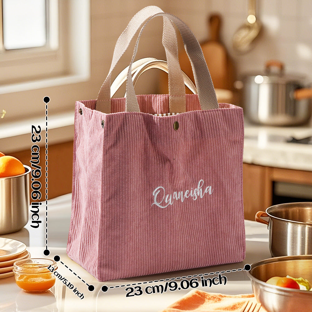 Child carrying personalised embroidered lunch bag mini tote – perfect personalised gift for boys and girls