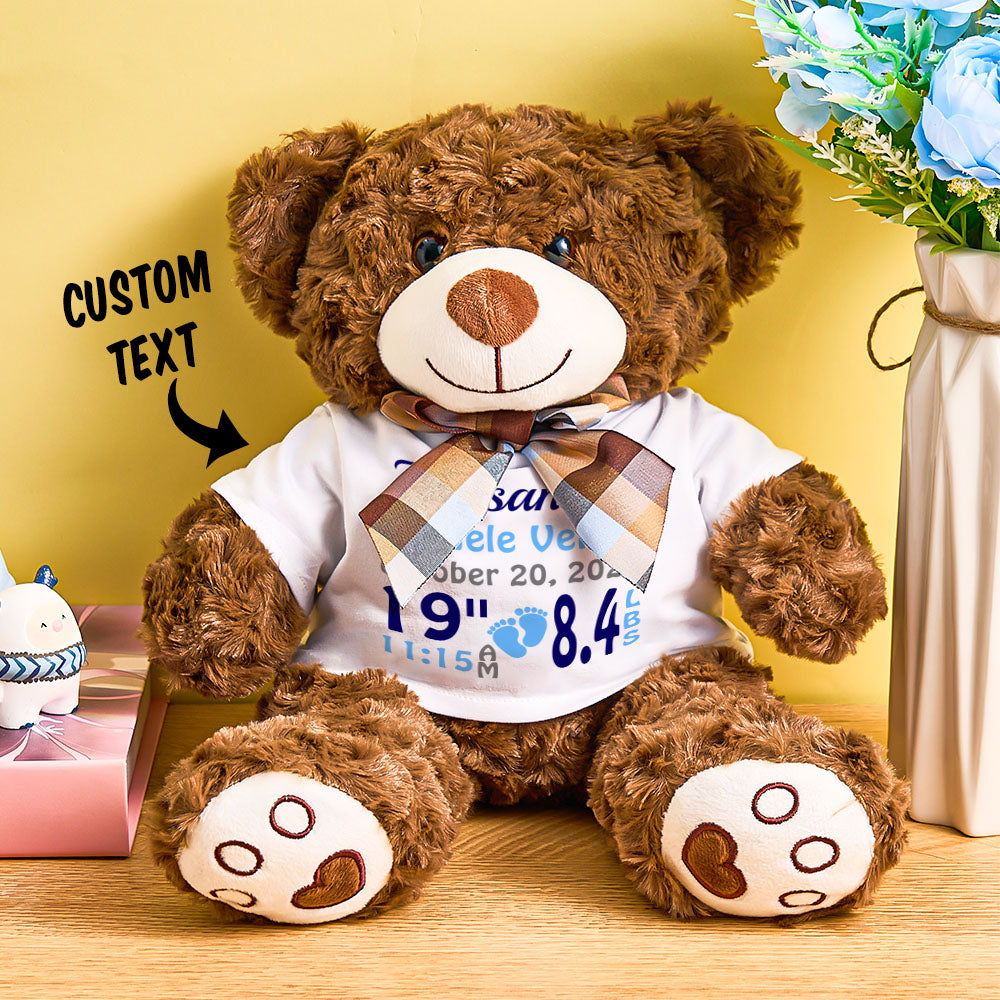 Personalised Bear Plush front view with embroidered name — birth announcement teddy, soft cuddly newborn keepsake