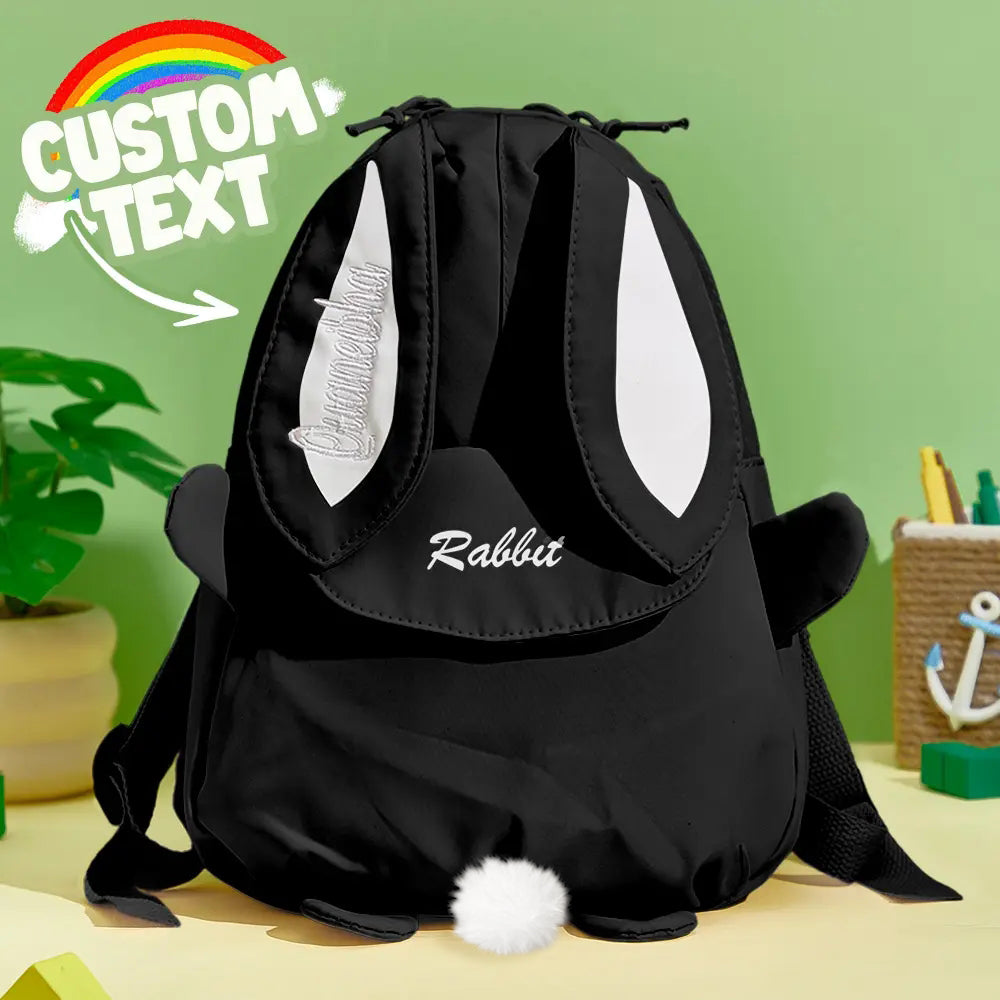 Personalised Name Embroidery Mini Rabbit Backpack front view on white background, cute rabbit motif and custom name embroidery on durable wipe‑clean nylon mini rucksack for toddlers and preschoolers