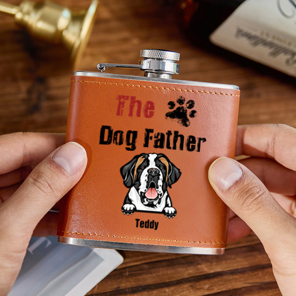 Personalised leather whisky flask 6oz with engraved name and paw print on premium PU leather wrap — ideal engraved gift for Dad and pet lovers