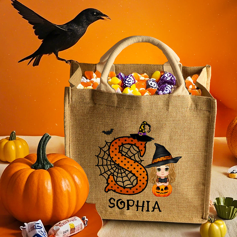 Close-up of printed cartoon pumpkin and linen-style jute texture – durable personalised trick-or-treat bag