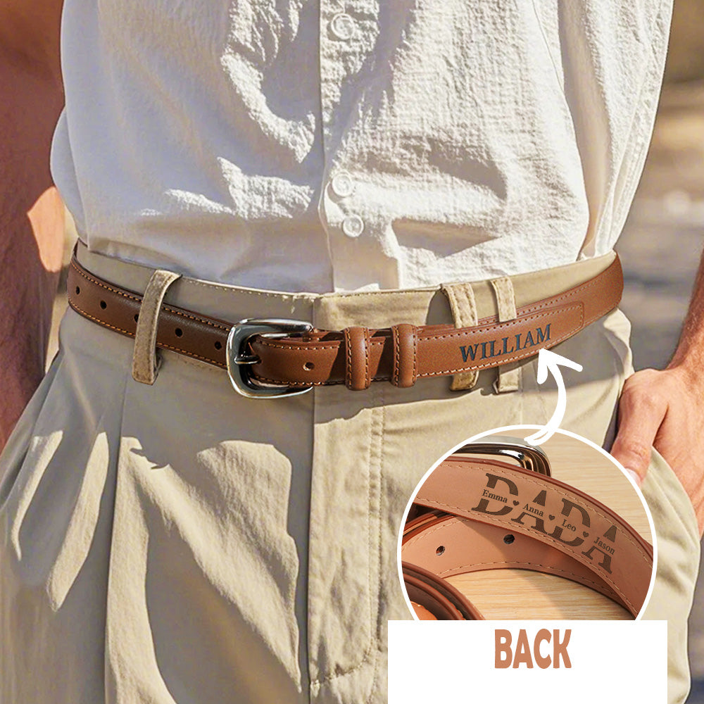 Rolled personalised PU leather belt showing engraved name detail and smooth PU finish — 42 inches (105 cm)
