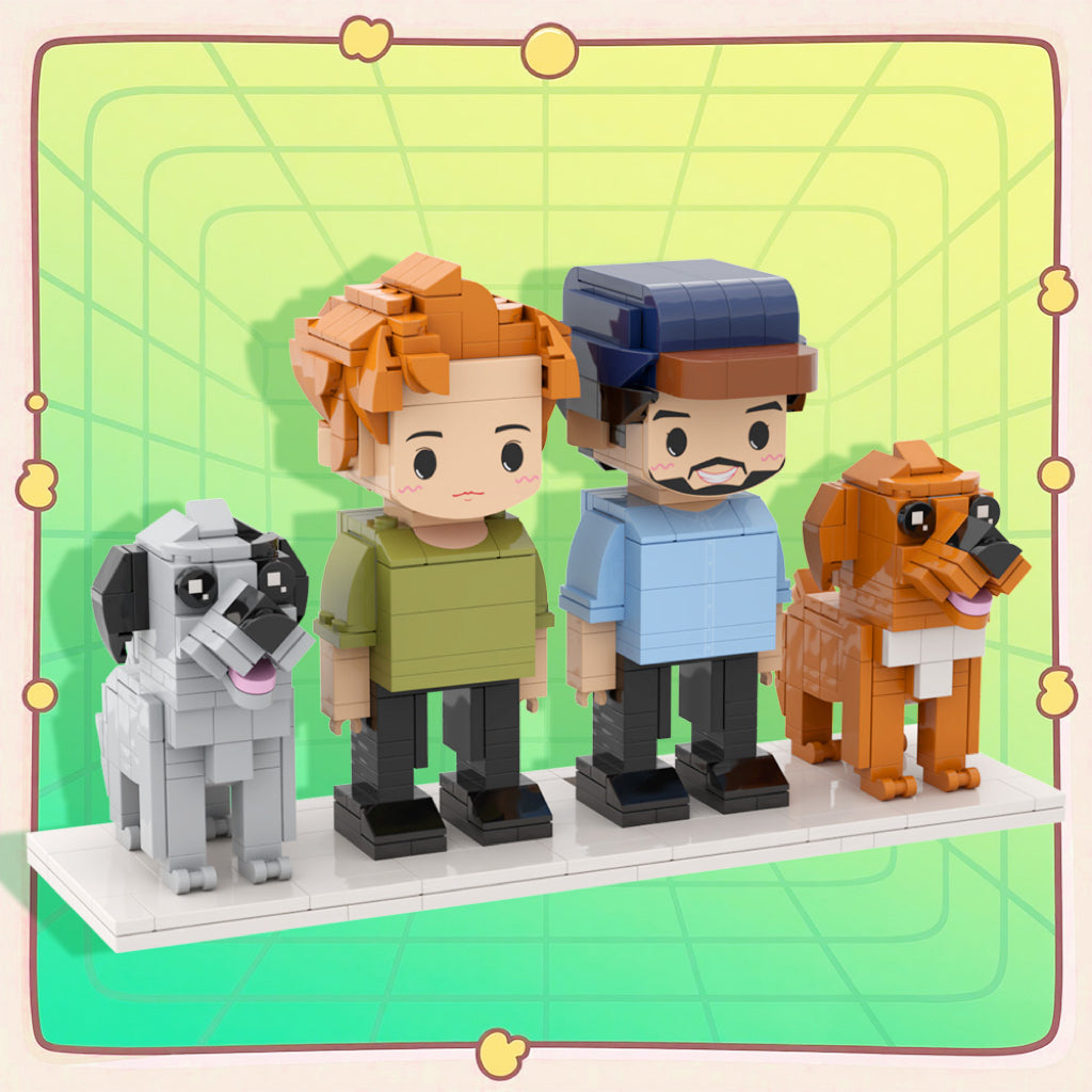 Personalised full‑body cute brick figures for 2 people & 2 dogs — handcrafted ABS couple and pet keepsake, ideal anniversary or birthday gift