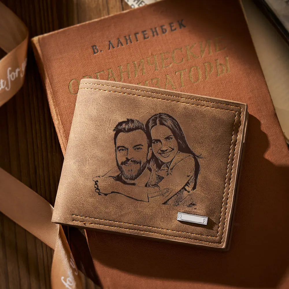 Close-up of high-definition UV printed personalised photo and fine PU leather texture on engraved wallet — vivid colours, no fading
