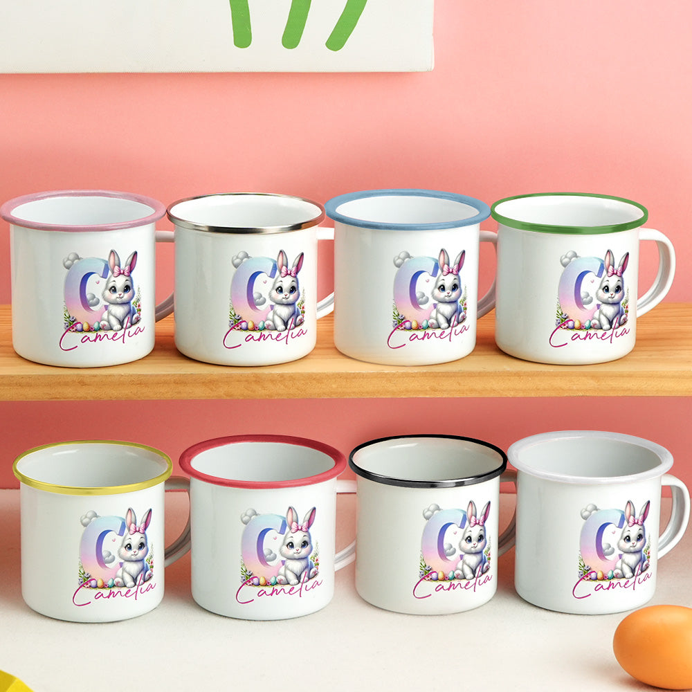 Personalised bunny mug in Easter setting filled with hot chocolate — 12oz kids Easter present creating photo-worthy moments