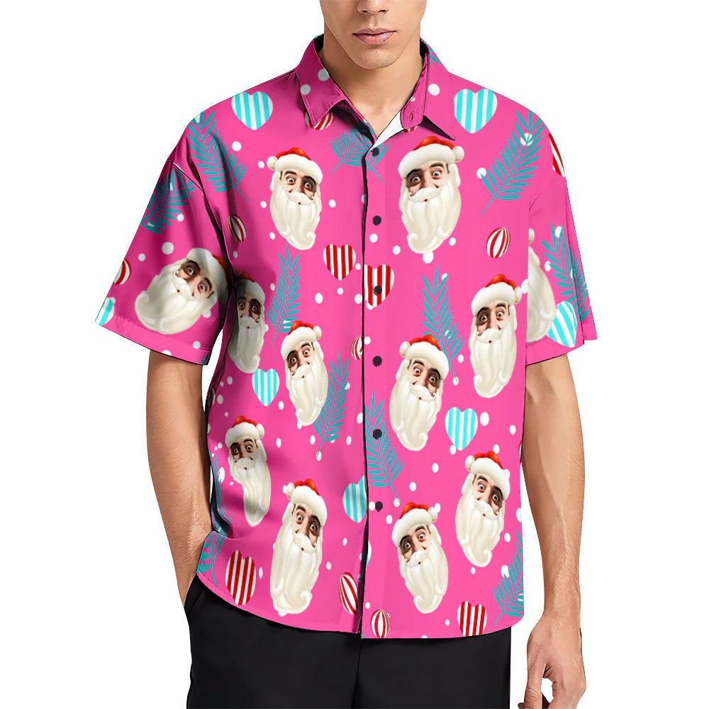 Male model wearing personalised pink Hawaiian Aloha shirt with custom Santa face print, styled for summer holidays, beach parties and casual workwear — great gift for him